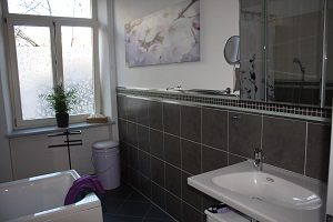 Badfliesen, Badezimmer, Bad, Spiegelschrank, Waschbecken, Leinwand, Bild, Wand, Mülleimer, Handtücher, Fliesen, Pflanze, Badewanne,