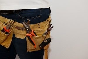 Bauphysiker, Handwerker, Werkzeuge, Werkzeugtasche, Hammer, Klemme, Hose, Bauarbeiter