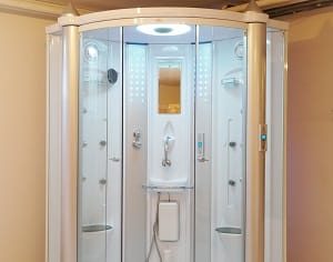 Dampfbad, Sauna, Entspannung, Technik, Dampf, Wasser, Hitze, Wasserdampf, Beleuchtung, Glastür, Sitzplatz, Stehplatz, Display, Griff, Temperatur, Thermometer
